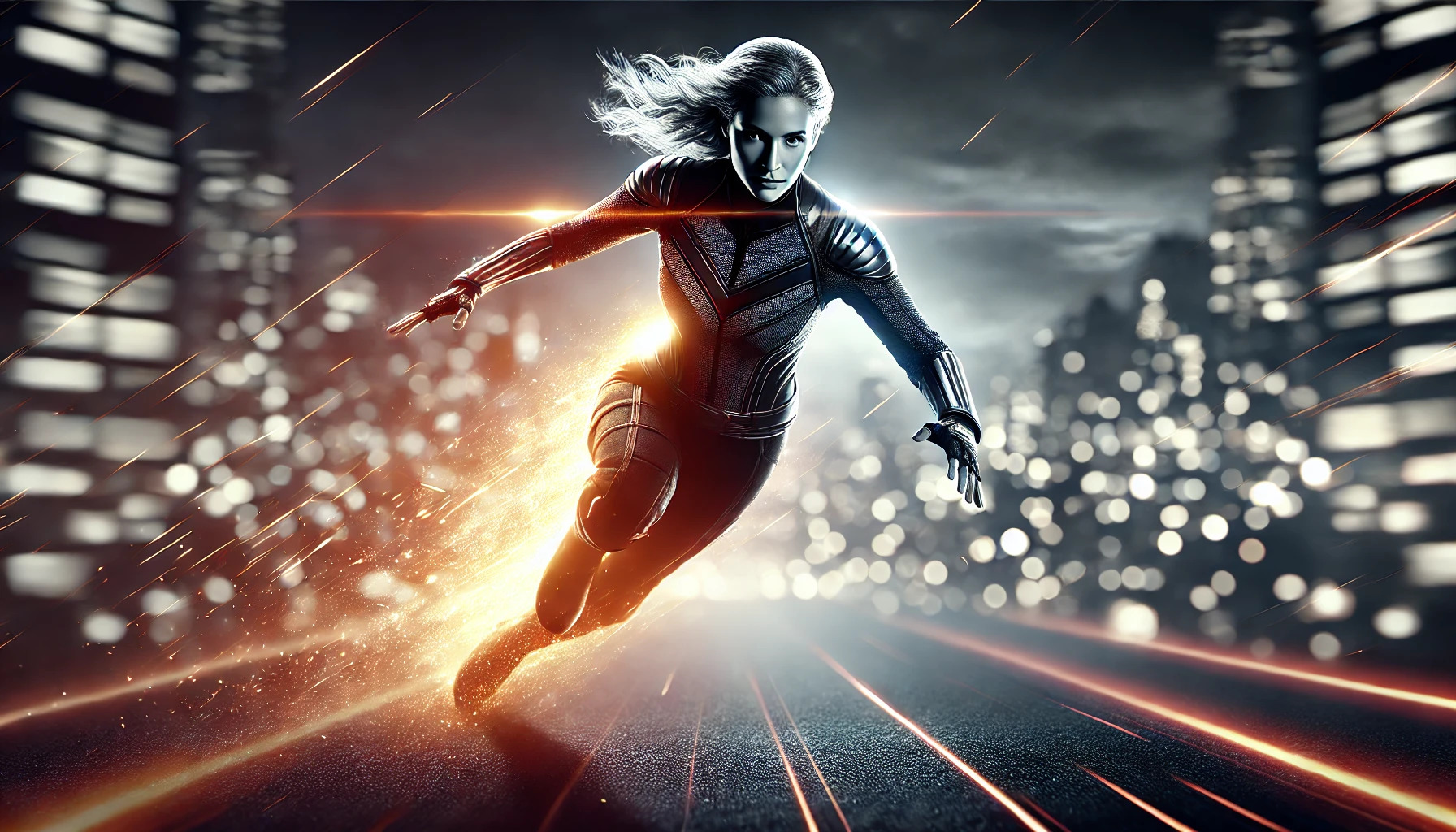 DALL·E 2024 07 27 12.11.54   A highly detailed cinematic image featuring a single female superhero in a dynamic action scene. She is using her powers  flying at high speed with a 